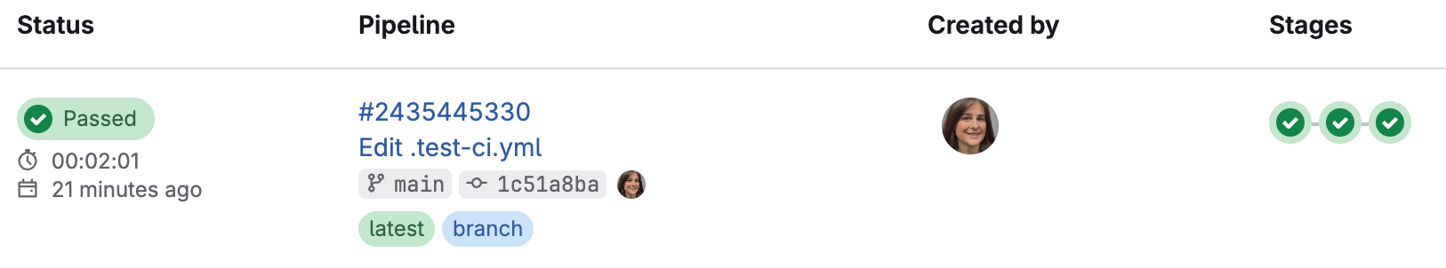 The pipeline list shows a running pipeline with 3 stages