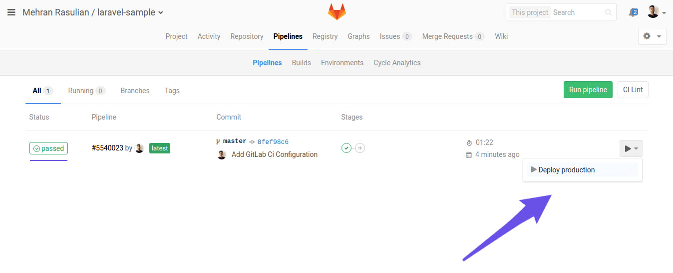 pipelines page deploy button