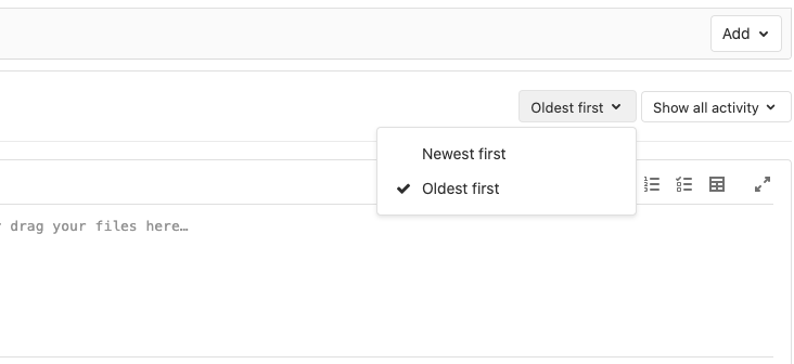 Issue activity sort order dropdown button
