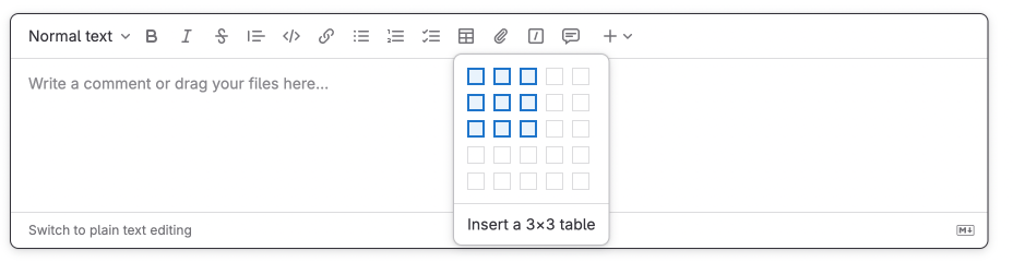 A table size selector with 3 rows and 3 columns.