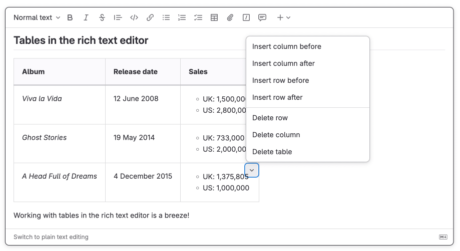 An active chevron menu showing table actions.