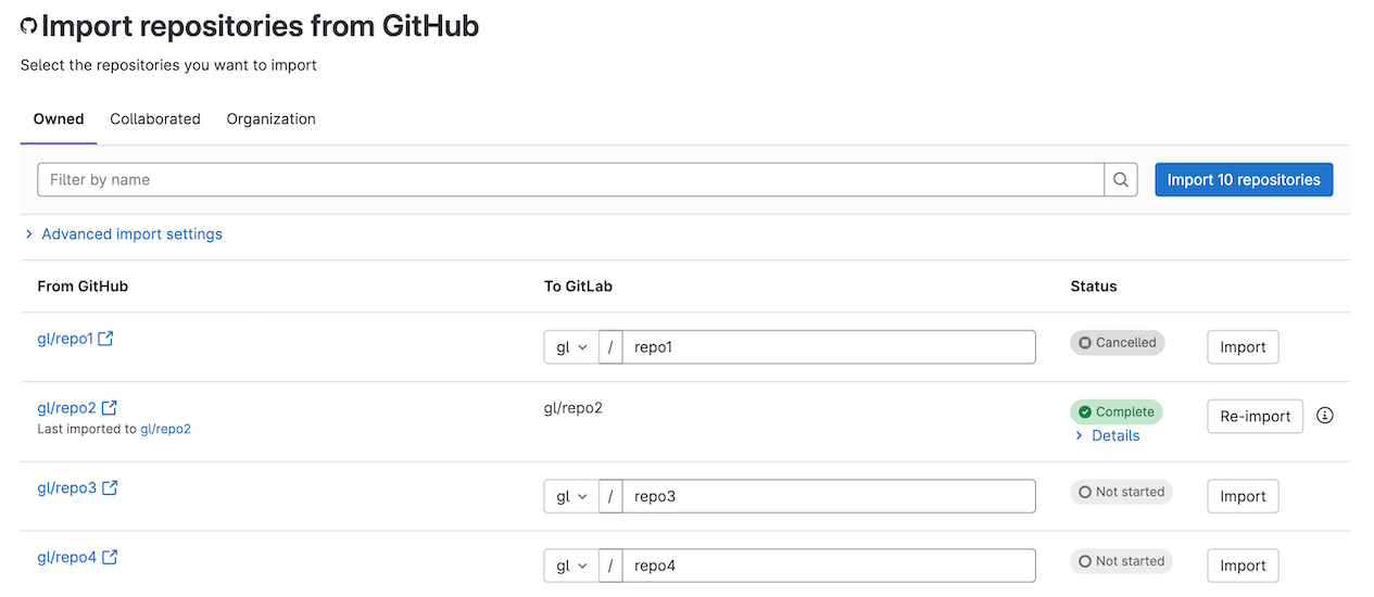 GitHub importer page