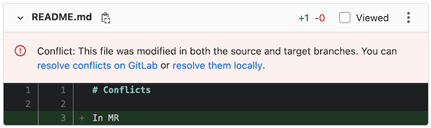 Example of a conflict alert shown in a merge request diff