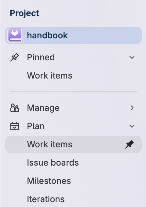 Sidebar showing the “Manage” and “Plan” menu items under the project header. Under the plan header, the “Work items” link is highlighted.
