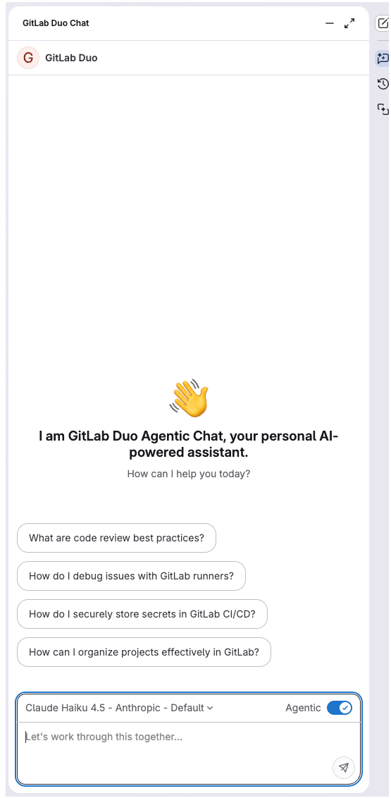 A new, empty chat in the GitLab Duo panel.
