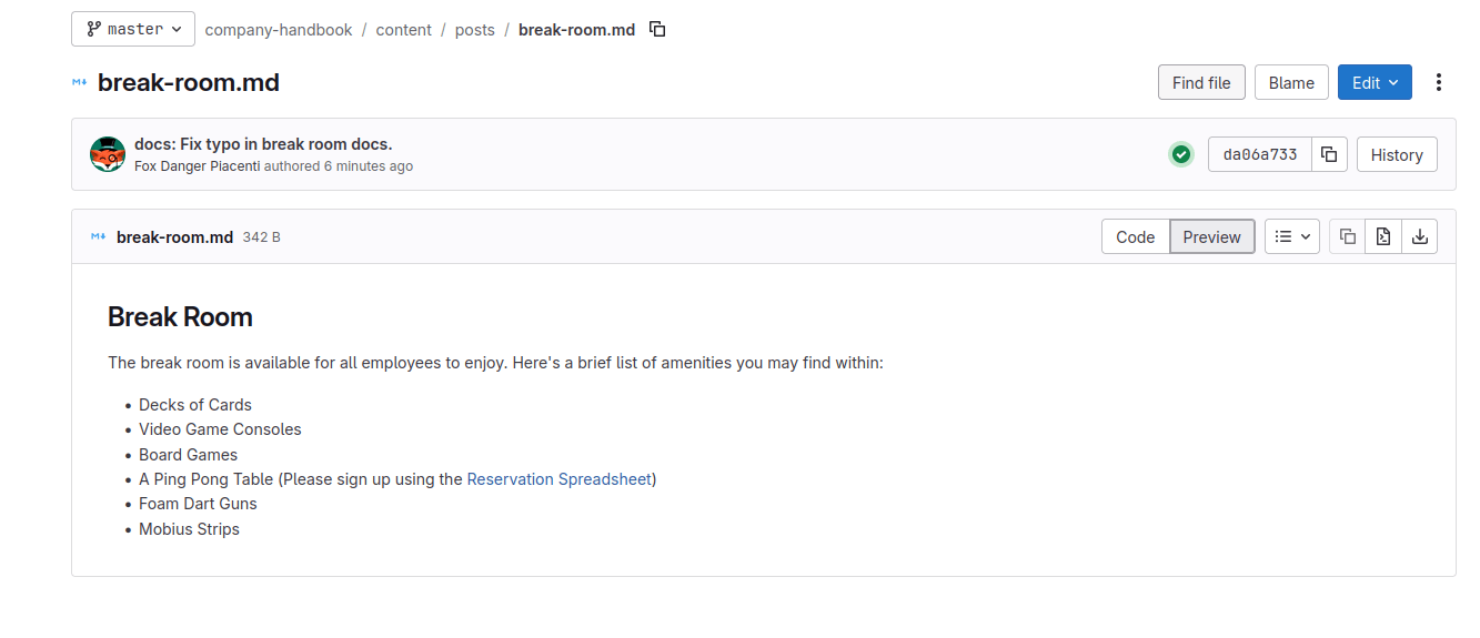 The “break-room.md” file is shown in detail. Its contents show amenities such as cards, video games, and a pool table.