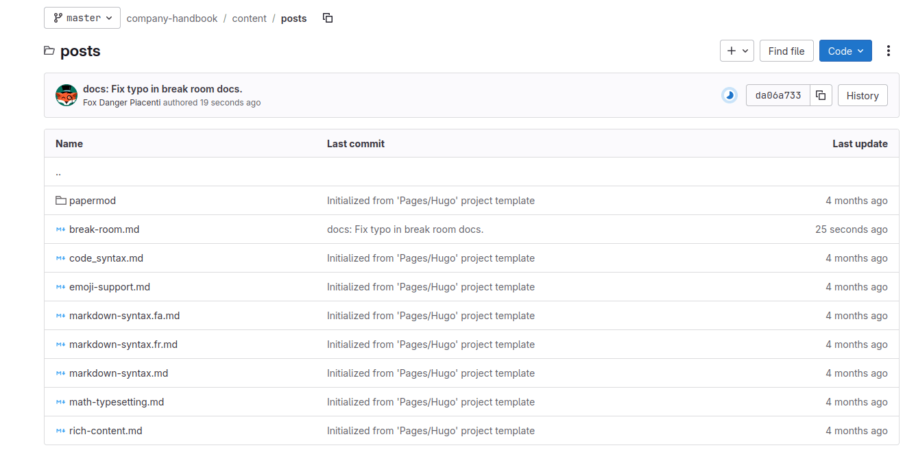 A file listing on the project home page. It shows a project named “Company Handbook” with files named things like “break-room.md”.